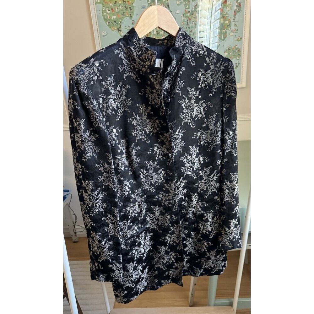 Vtg 90s Y2k Dkny Donna Karan 100% Silk Asian Jacket Hong Kong Black Sz 4 S